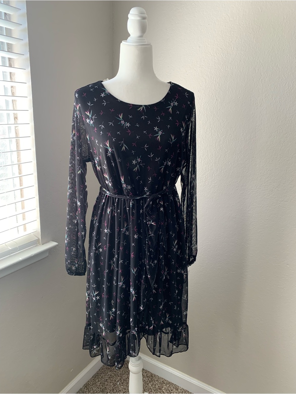 George Black Floral Long Sleeve Tie-Waist Dress